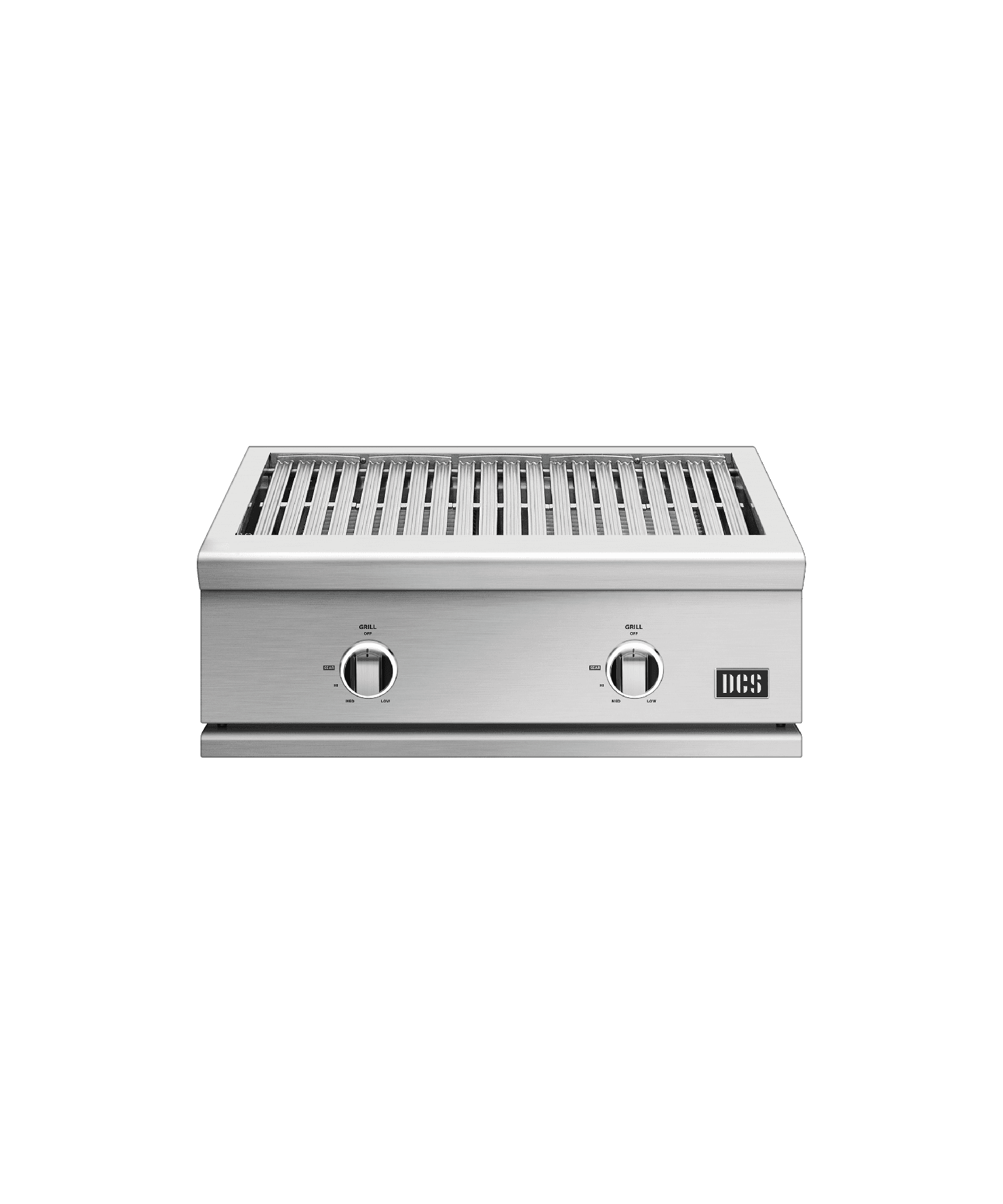 Aspire by Hestan built-in grill in a stainless outdoor kitchen with the rotisserie spit installed.