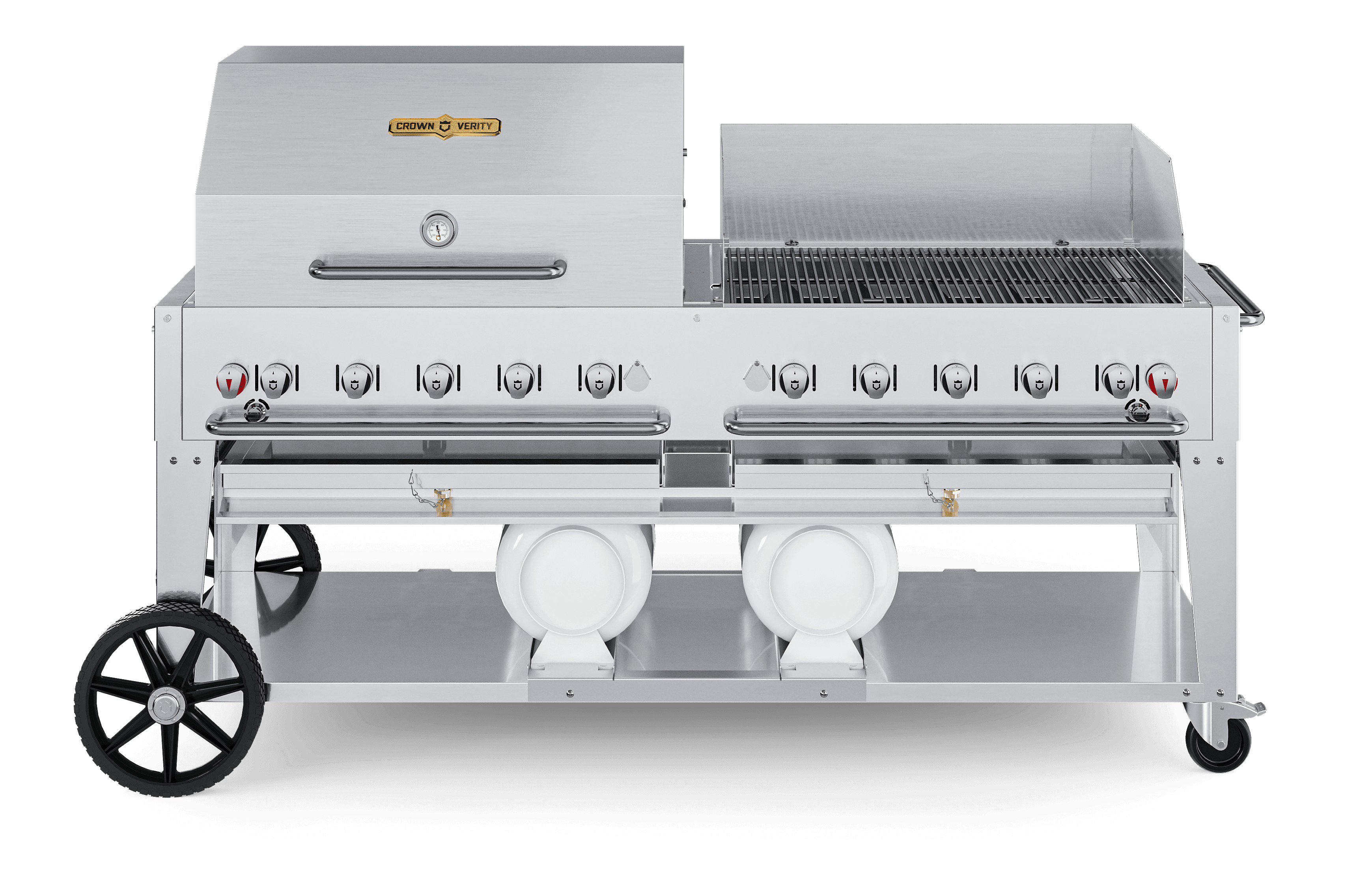 Crown Verity Professional Club Series 72-Inch 10-Burner Stainless Steel Freestanding Propane Gas Grill with Single Dome Package, Windguard & Horizontal Tank Storage thumbnail 1