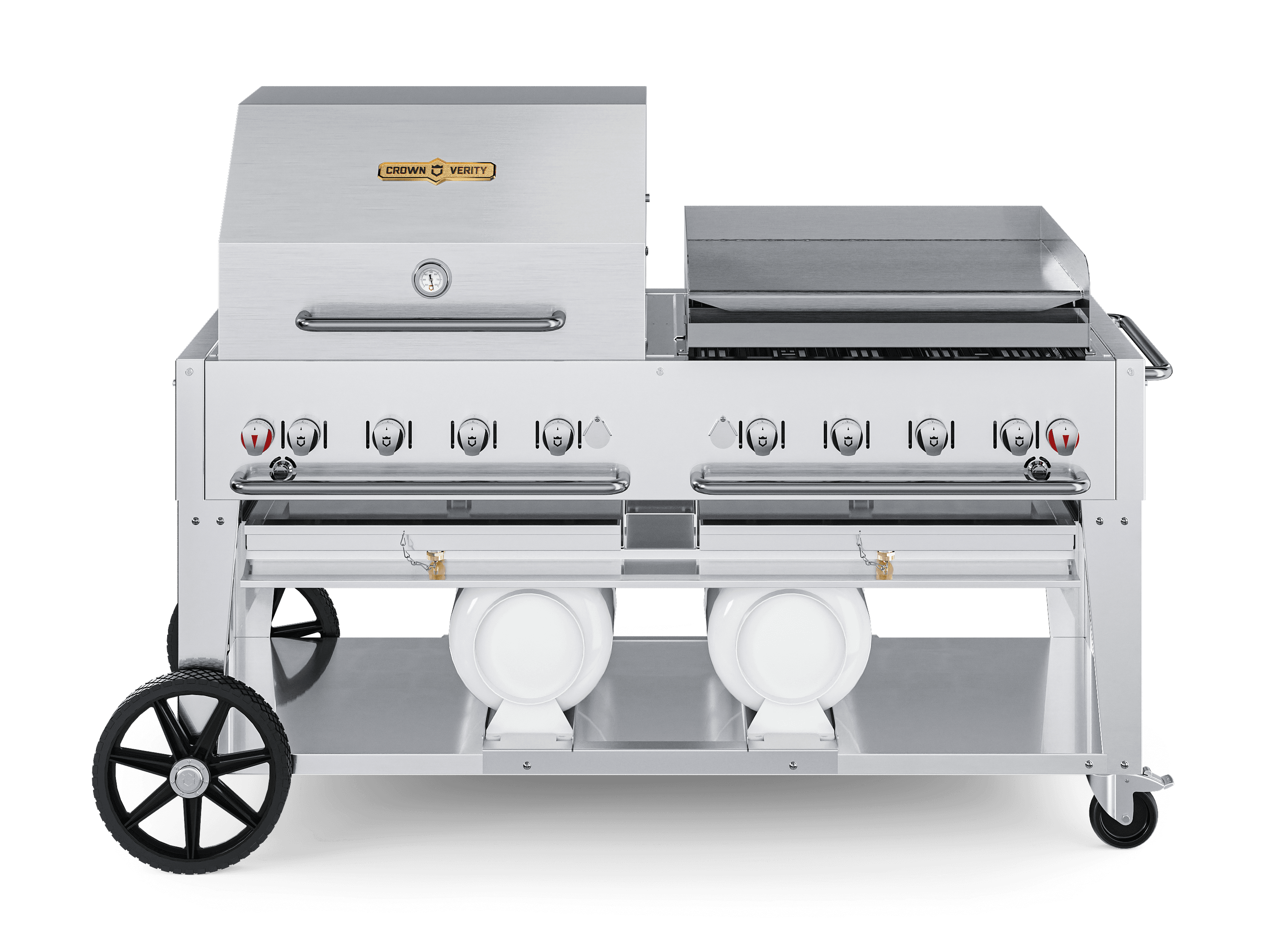 Crown Verity Professional Club Series 60-Inch 8-Burner Stainless Steel Freestanding Propane Gas Grill with Windguards & Horizontal Tank Storage thumbnail 1