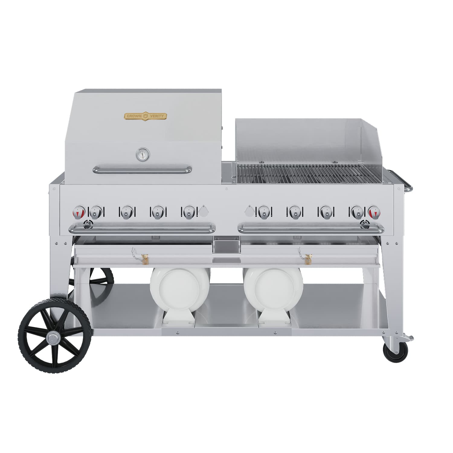 Crown Verity Professional Club Series 60-Inch 8-Burner Stainless Steel Freestanding Propane Gas Grill with Single Dome Package, Windguard & Horizontal Tank Storage thumbnail 1