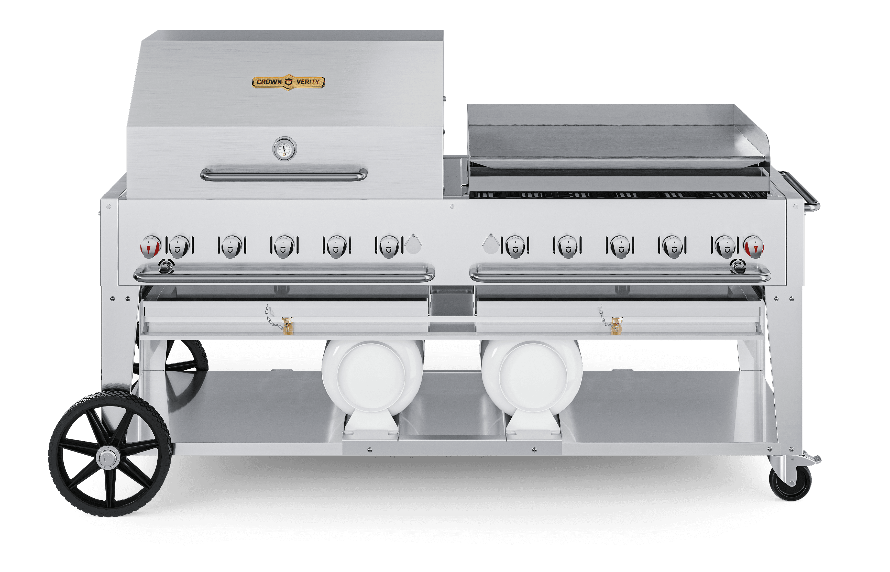 Crown Verity Professional Club Series 72-Inch 10-Burner Stainless Steel Freestanding Propane Gas Grill with Single Dome Package, Griddle & Horizontal Tank Storage thumbnail 1