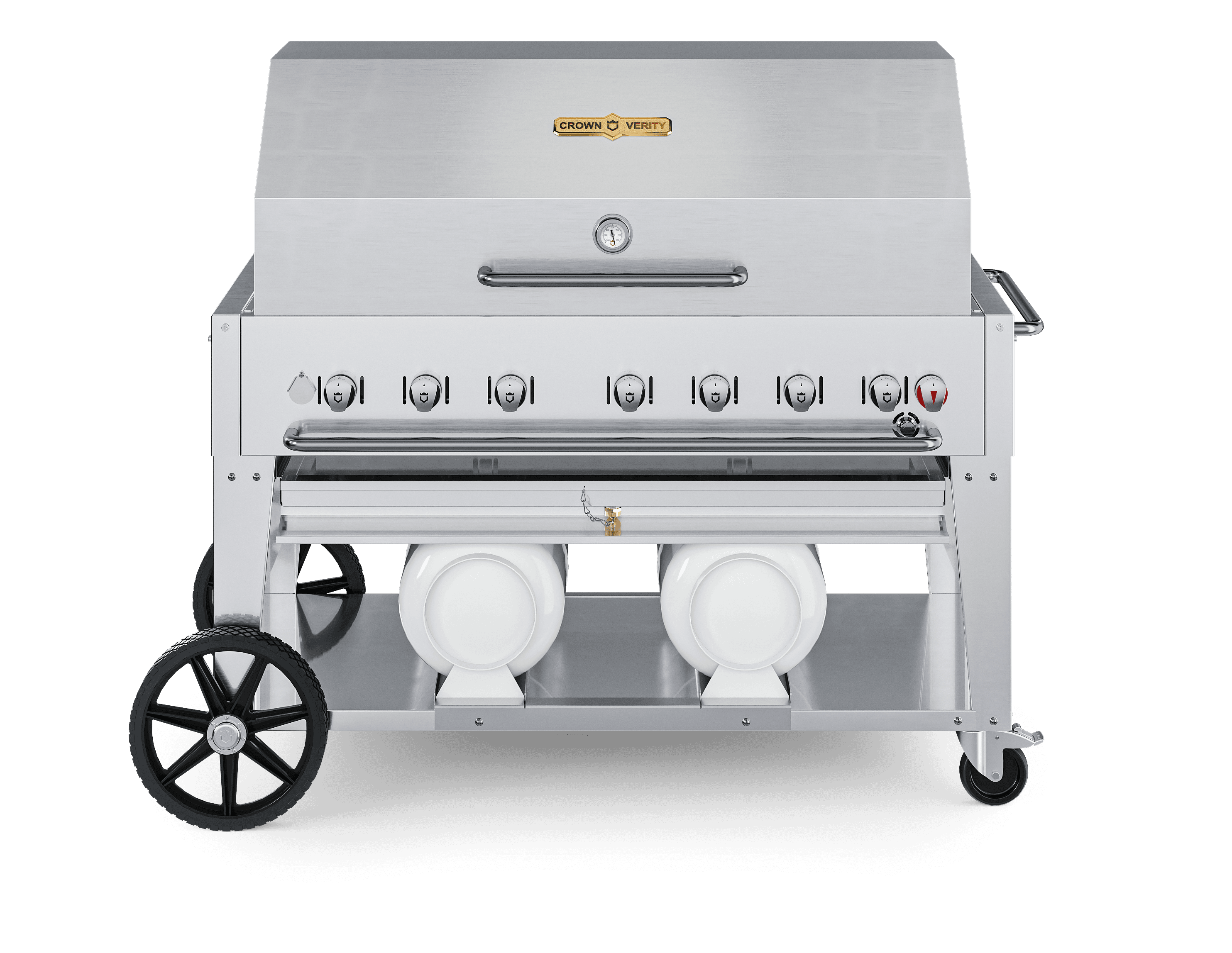 Crown Verity Professional Club Series 48-Inch 7-Burner Stainless Steel Freestanding Propane Gas Grill with Dome Package & Horizontal Tank Storage thumbnail 1