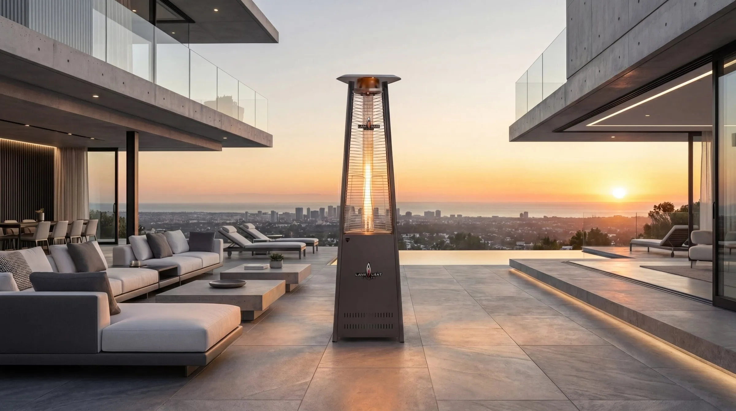Lava Heat Italia Lava Lite flame-tower patio heater on a modern Corsa Slate finish — architectural outdoor seating with flame visible through the glass column.