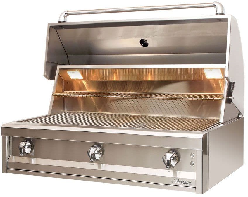 Artisan American Eagle 42-inch grill with hood open showing burner design