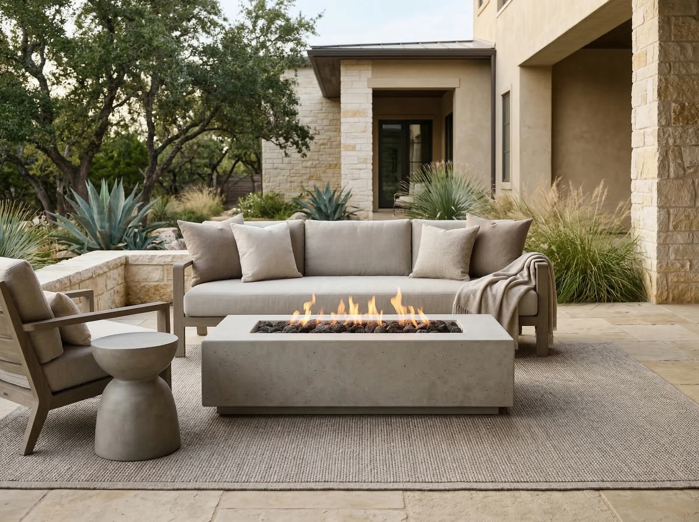 Prism Hardscapes rectangular concrete fire table with live flames burning over lava rock, staged on a stone patio in front of a modern stucco-and-stone home with agave and ornamental grasses in the landscape.