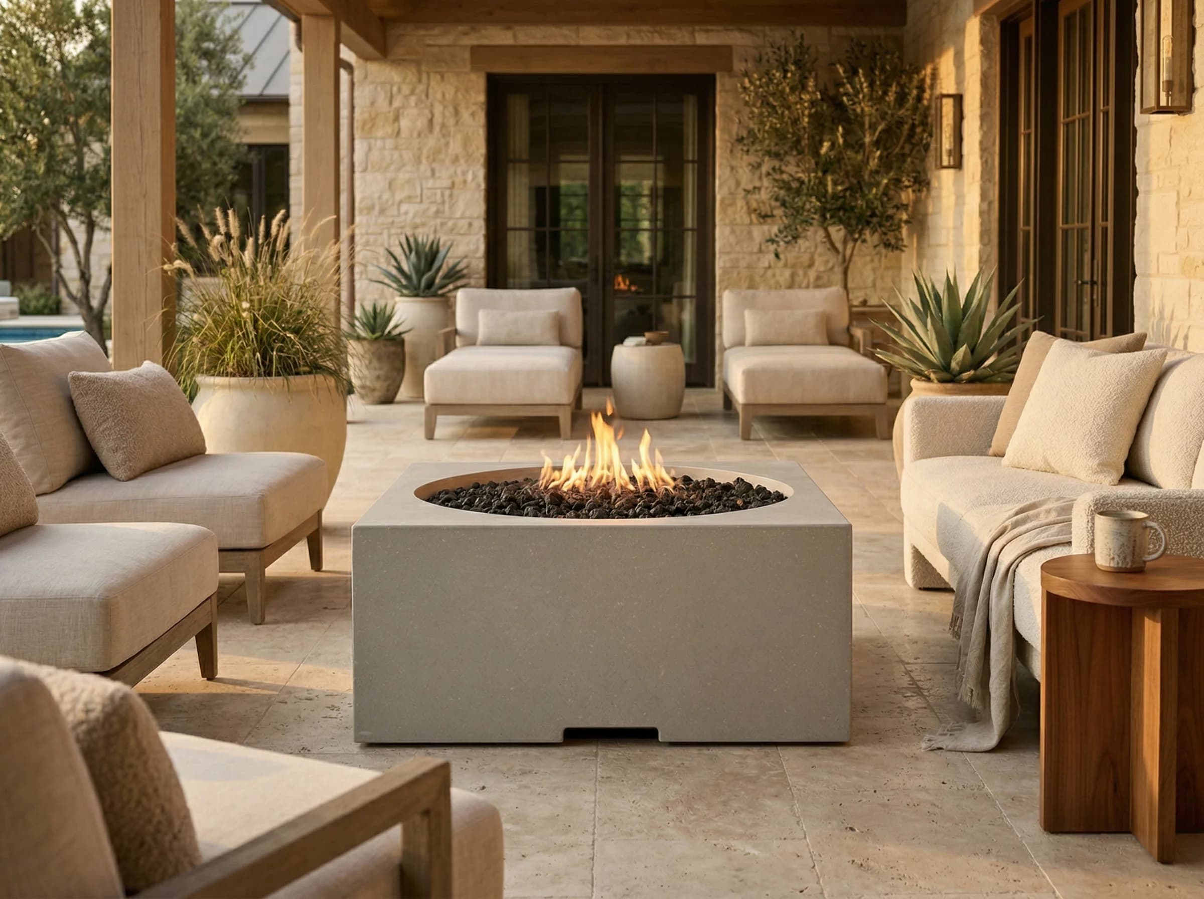 Rectangular concrete gas fire pit on a stone patio with warm orange flames burning over a black lava rock bed, agave plants and lounge seating around it at golden hour — a residential natural-gas install at full output.
