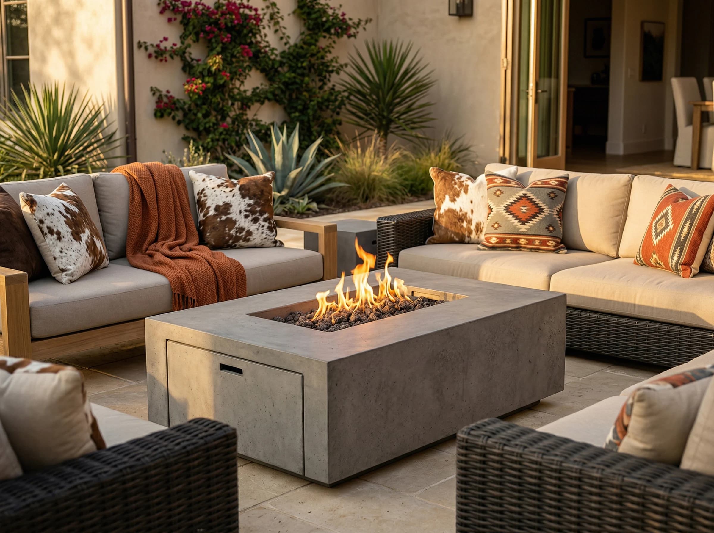 Rectangular GFRC concrete fire table at coffee-table height, live flame over lava rock, staged between a teak sectional and wicker chairs on a travertine patio at golden hour — the exact fire-table silhouette this guide defines.