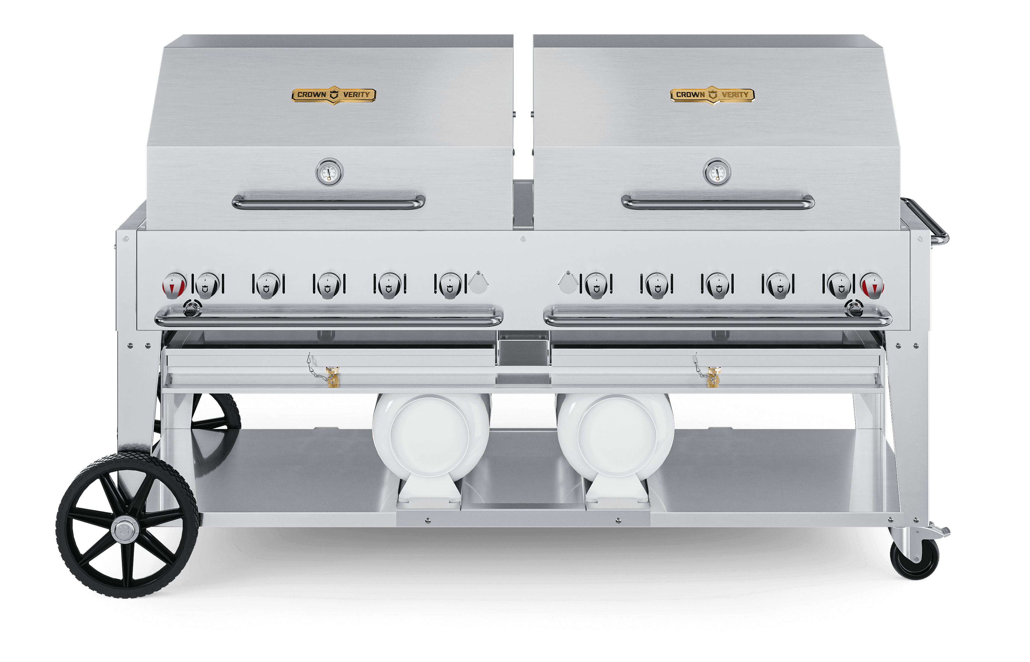 Crown Verity Professional Club Series 72-Inch 10-Burner Stainless Steel Freestanding Propane Gas Grill with Windguards & Horizontal Tank Storage — image 1