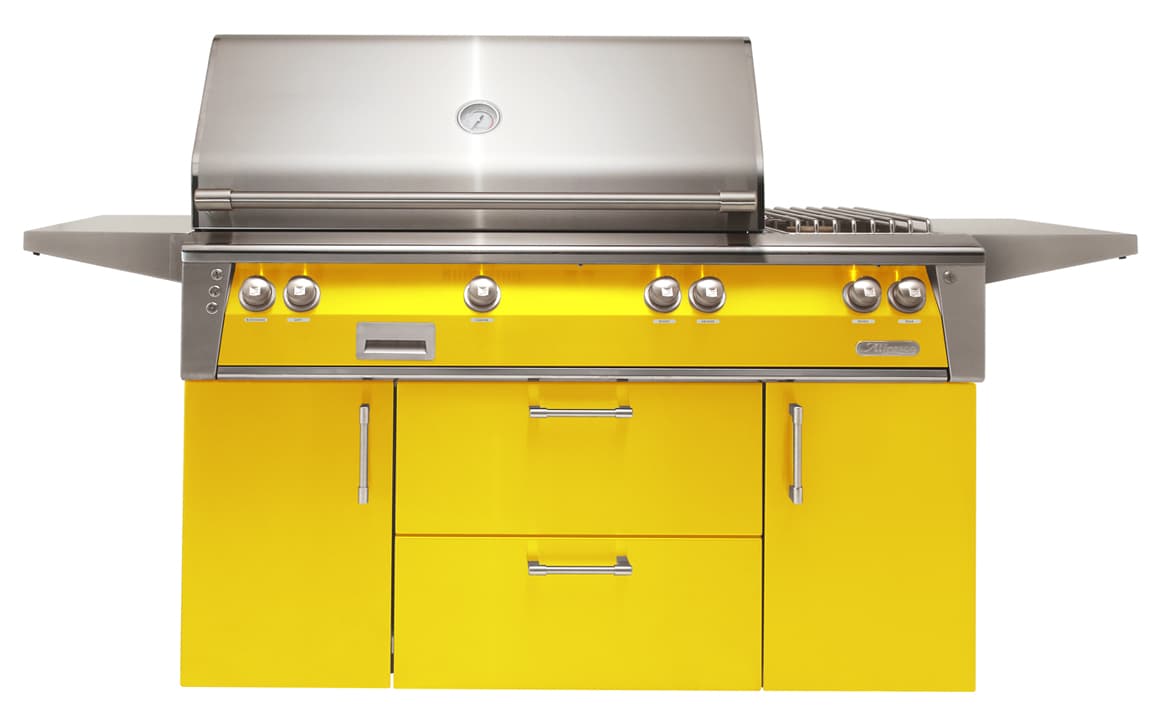 Alfresco Grills ALXE 56-Inch 3-Burner Freestanding Propane Gas Grill with Sear Zone, Rear Infrared Burner and Side Burner on Refrigerated Cart - Traffic Yellow — image 1