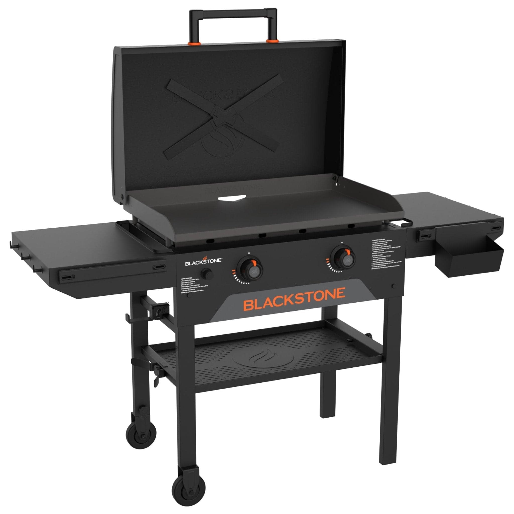 Blackstone 28-inch Original-style griddle with hood open on the entry-tier open black cart, showing the rolled-steel plate and two main burners with Blackstone badge.