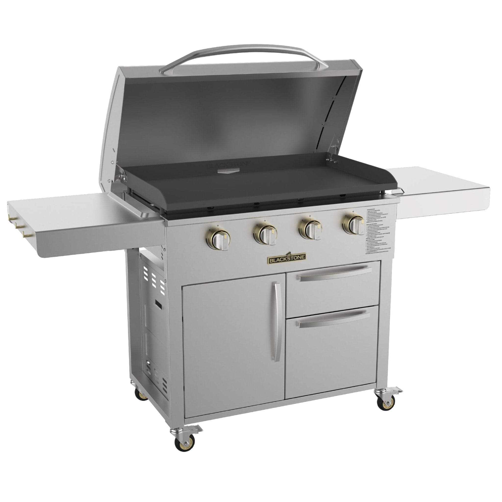Blackstone Select 36-inch 4-burner freestanding griddle with 304 stainless cabinet, hood open showing the rolled-steel plate and 4 burner knobs with Blackstone badge.
