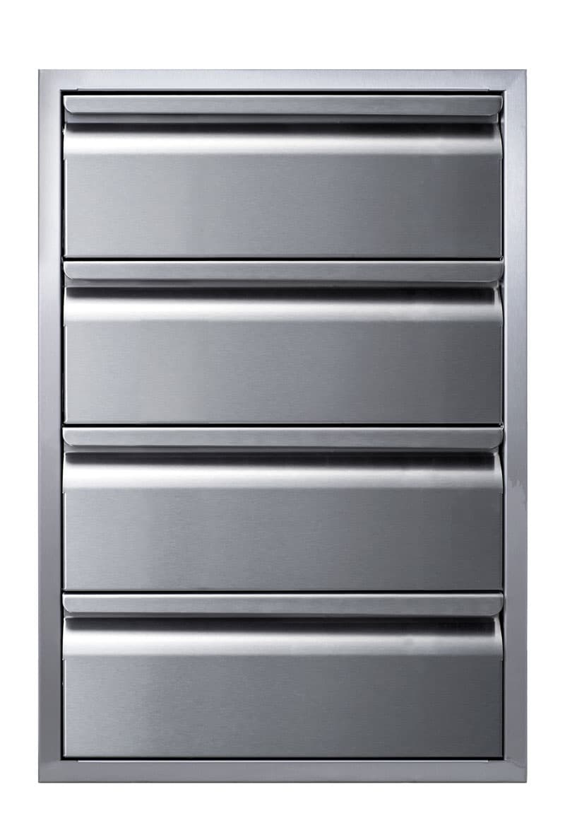 Vertical propane gas smoker with the door open showing a rack of glossy smoked baby back ribs and a built-in temperature gauge reading 225 degrees.