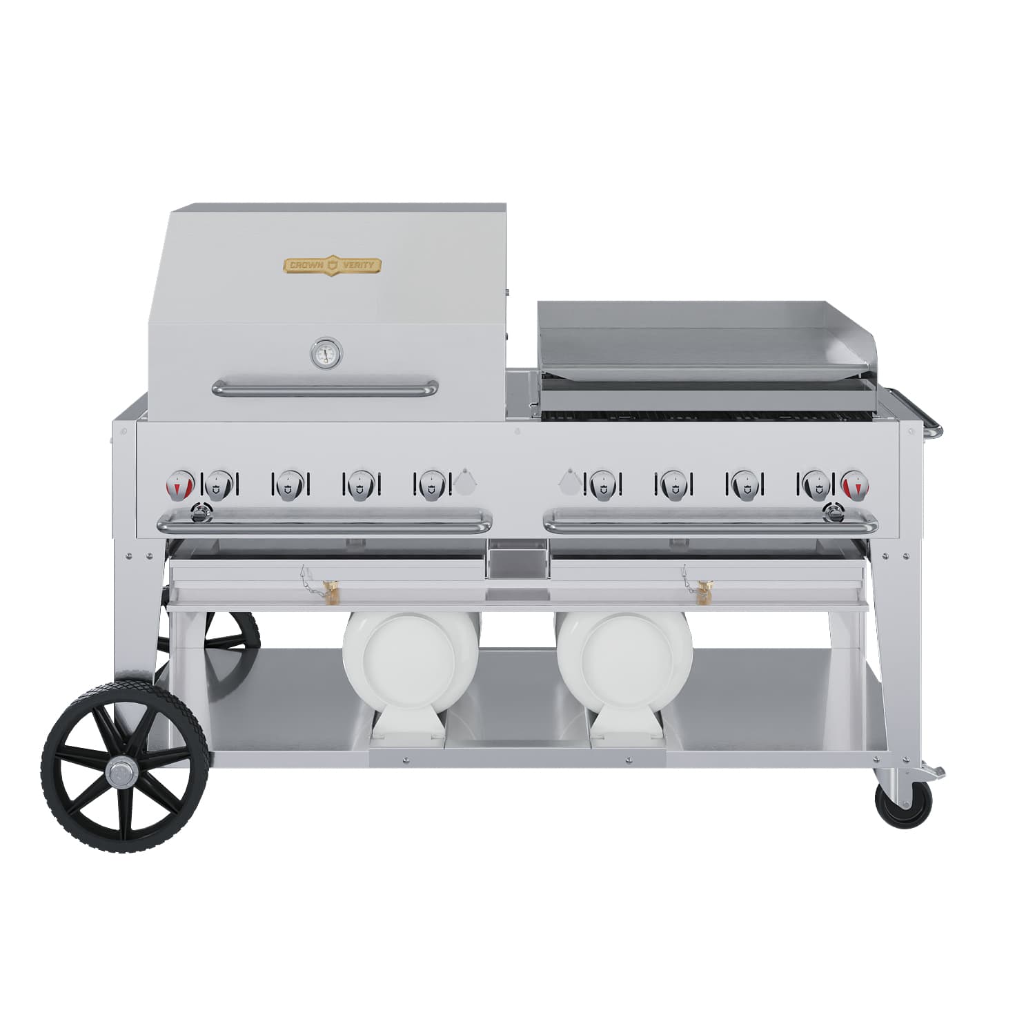 Crown Verity Professional Club Series 60-Inch 8-Burner Stainless Steel Freestanding Propane Gas Grill with Single Dome Package, Griddle & Horizontal Tank Storage — image 1
